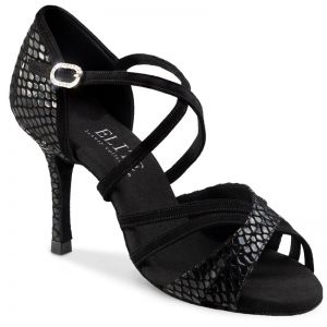 Chaussures de danse professionel Elite Rummos "Athena" daim noir et cuir noir imitation peu de serpent 