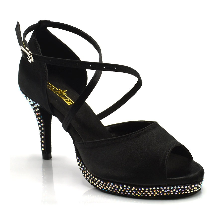 Chaussures de danse Label Latin "Ibiza" satin noir et strass