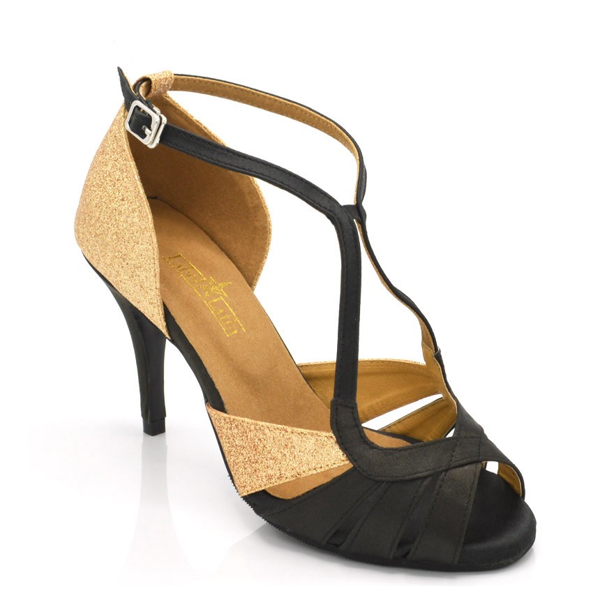 Chaussures de danse Label Latin "Lucie" satin noir et glitter or