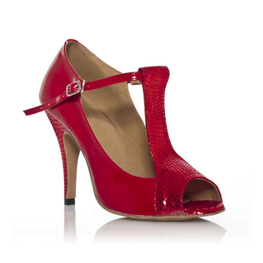 Chaussures de danse Label Latin "Scala" simili cuir vermis et cuir imitation peau de serpent rouge